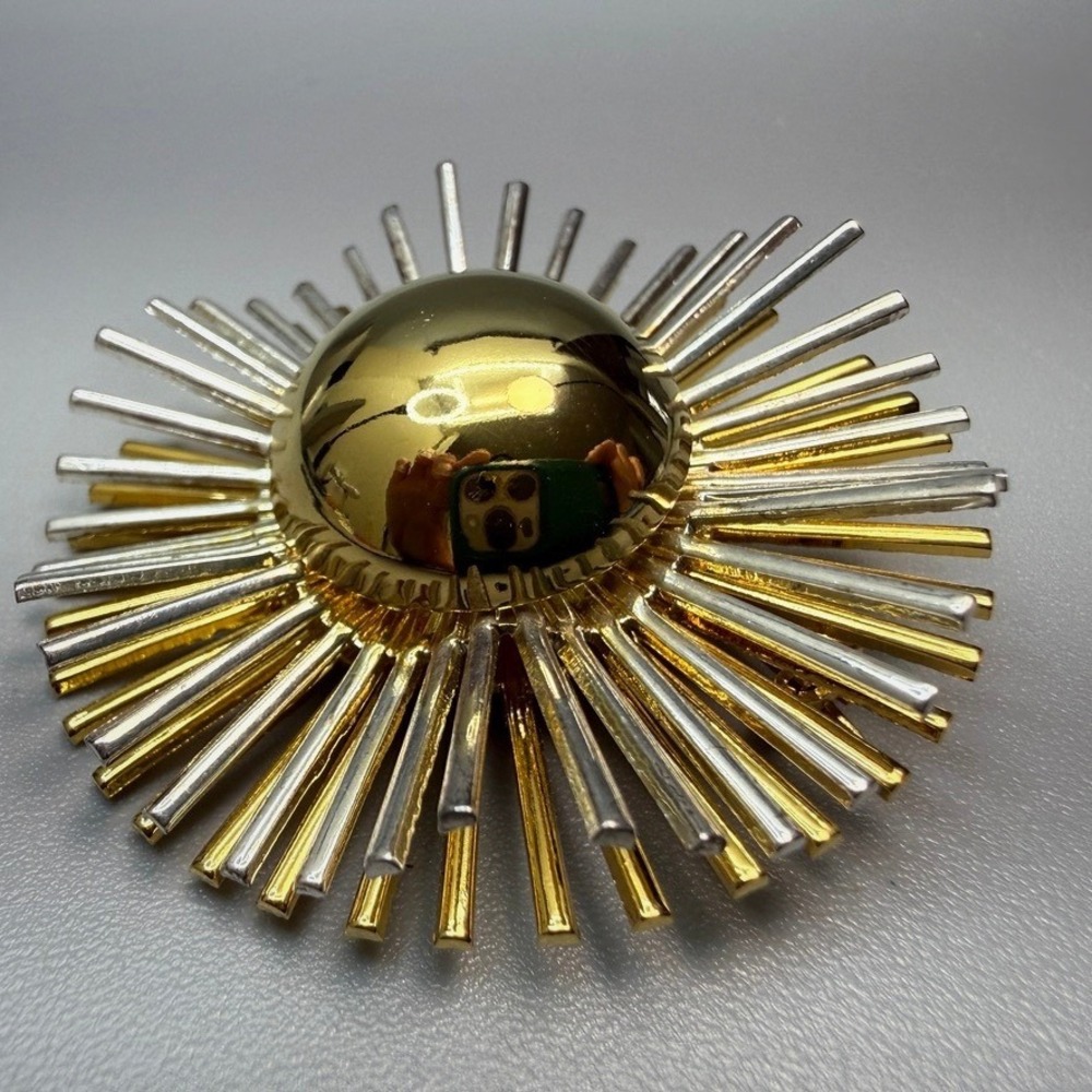 Vintage Sunburst Starburst Mixed Metal Brooch 2" Atomic Space Age Statement